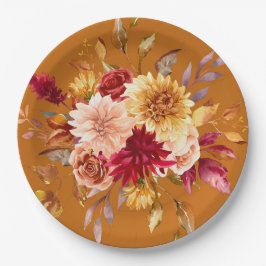 Burnt Orange und Yellow Dahlia Blume Hochzeit Pappteller