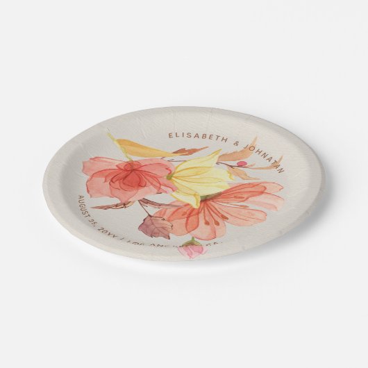 Burnt Orange Wasserfarbenfrohe Hochzeitsfeier Pappteller (Schrägansicht)