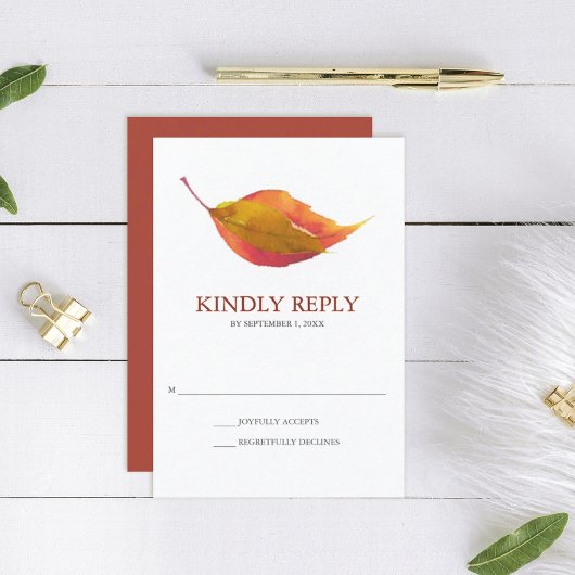 Burnt Orange Watercolor Fall Leaf Wedding RSVP