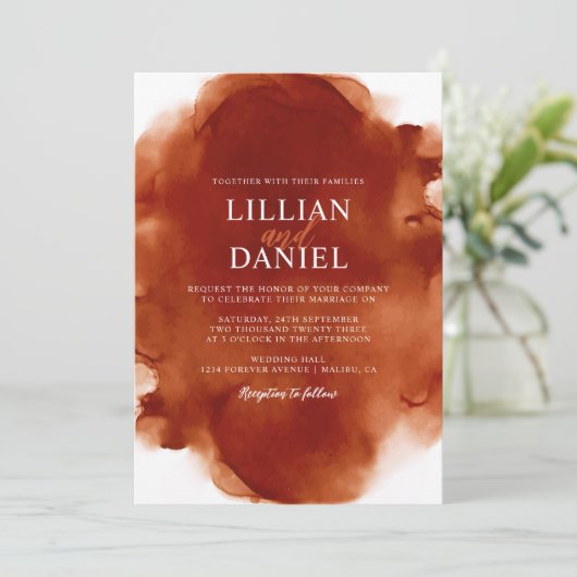 Burnt Orange Watercolor Foto Hochzeit Einladung (Stehend Vorderseite)