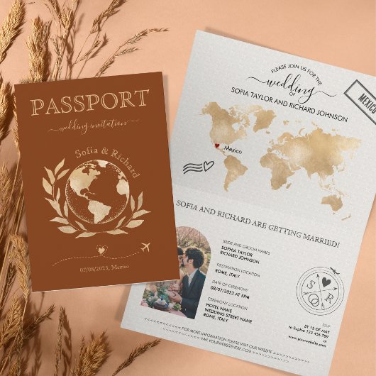 Burnt Orange Wedding Destination Passport World Einladung