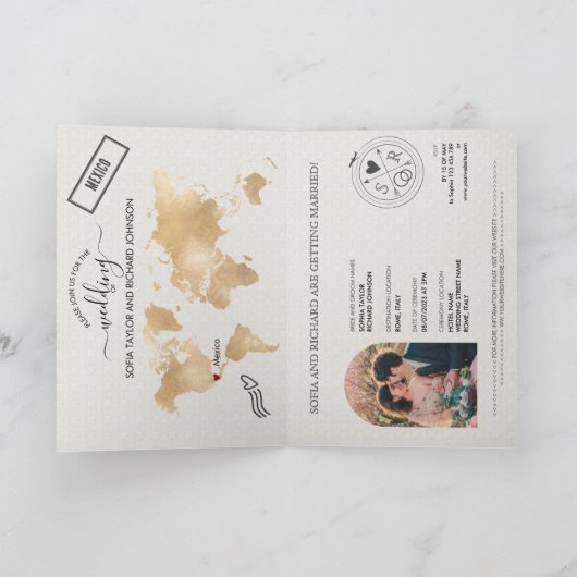 Burnt Orange Wedding Destination Passport World Einladung (Innenseite)