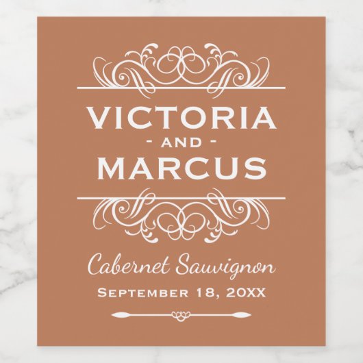 Burnt Orange Wedding Monogram Flasche Gefallen Weinetikett (Einzelnes Label)