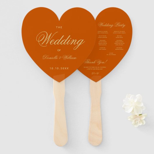 Burnt Orange Wedding Program Heart Elegantes Skrip Fächer (Vorne und Hinten)