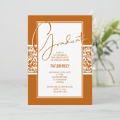 Burnt Orange White Damask Abschluss Einladung (Stehend Vorderseite)