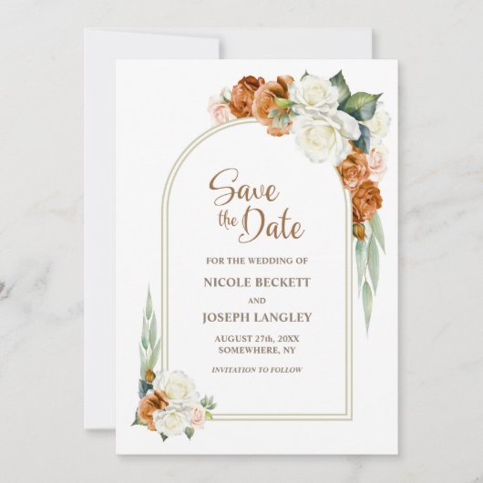 Burnt Orange White Floral Arch Save the Date (Vorderseite)