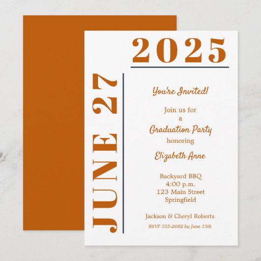Burnt Orange White Graduation Party Einladung (Vorne/Hinten)