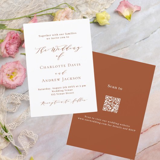 Burnt Orange White Script QR UAWG Hochzeit Einladung