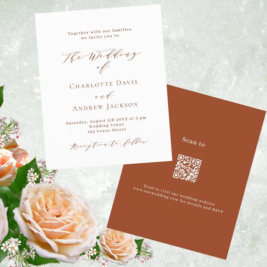 Burnt Orange White Script QR UAWG Luxus Hochzeit Einladung