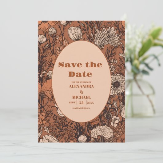 Burnt Orange Wildblumen Hochzeit Save The Date (Stehend Vorderseite)