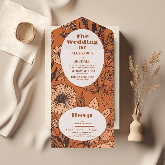Burnt Orange Wildflowers Wedding All In One Einladung