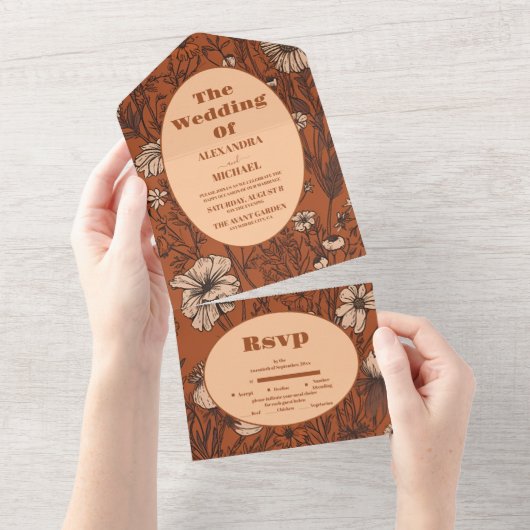Burnt Orange Wildflowers Wedding All In One Einladung (Abreißen)