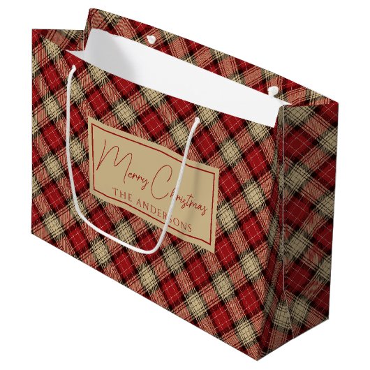 Burnt Red Beige Rustic Scottish Tartan Christmas Große Geschenktüte (Vorderseite Schrägansicht)