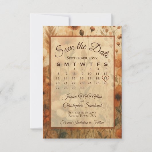 Burnt Sienna Boho Chic Flowers Calendar Wedding Save The Date (Vorderseite)