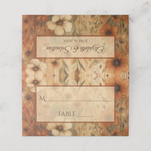 Burnt Sienna Boho Floral Elegant Wedding Write-In Platzkarte (Außenseite Aufgefaltet)