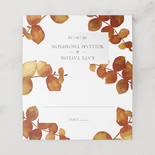 Burnt Sienna Eucalyptus Boho Floral Wedding Platzkarte (Außenseite Aufgefaltet)