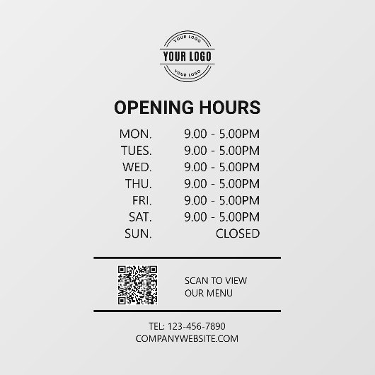 Büroöffnungszeit, Firmenlogo, QR-Code Fensteraufkleber (Blatt)