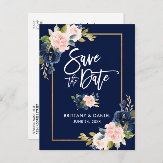 Bürsten-Skript-Rosa-blaues Blumen Save the Date Ankündigungspostkarte (Vorne/Hinten)