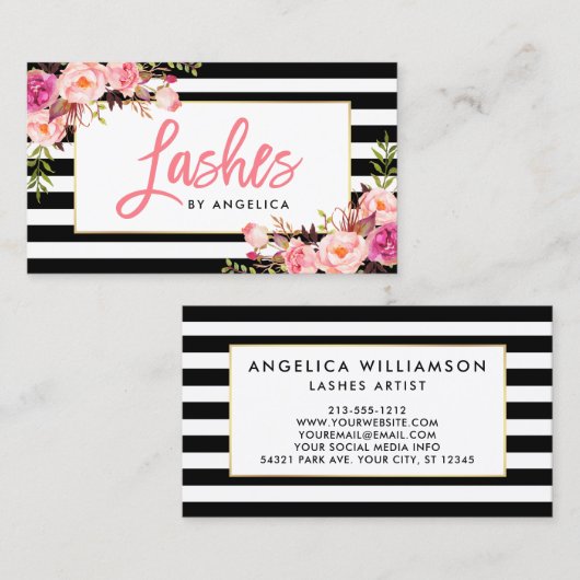 Bürsten-Skript-rosa mit Blumenpeitschen Striped Visitenkarte (Vorne/Hinten)