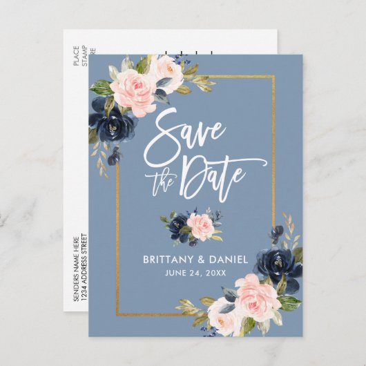 Bürsten-Skript-staubiges blaues rosa Blumen Save Ankündigungspostkarte (Vorne/Hinten)