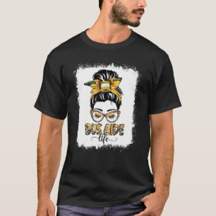 Bus Aide Life Messy Bun Frauen Sonnenblumen Leopar T-Shirt