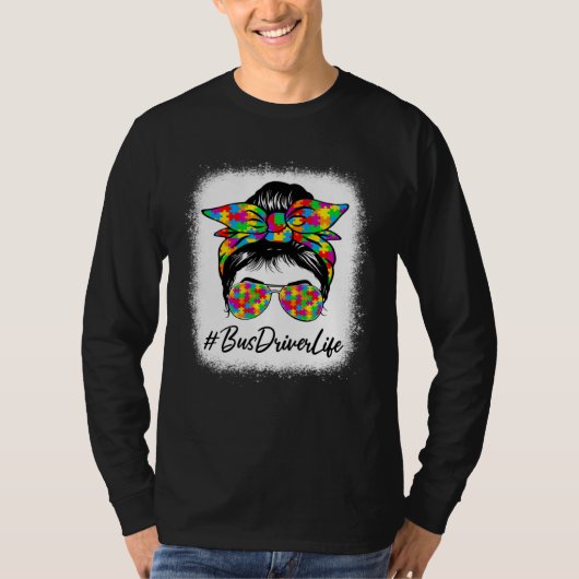 Bus Driver Messy Bun Women Supporting Autism Aware T-Shirt (Vorderseite)