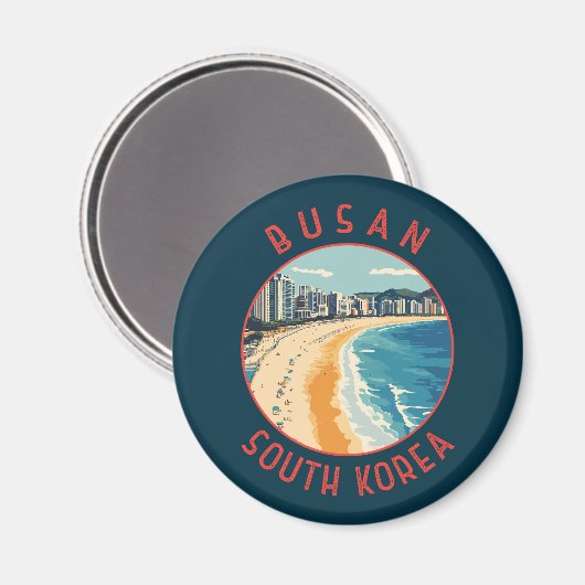 Busan Haeundae Beach Retro Distressed Circle Magnet (Vorderseite/Rückseite)