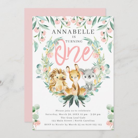 Bush Safari 1. Girl Birthday Einladung (Vorne/Hinten)