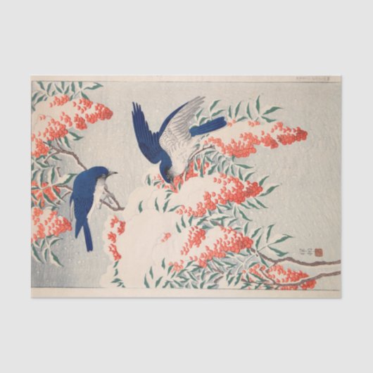 Bush und Fly Catchers in Snow von Ohara Koson Seidenpapier (Vorderseite)