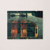 Bushaltestelle und einsamer Passagier in der regne Puzzle (Horizontal)