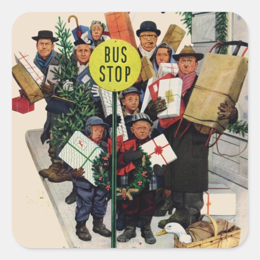 Bushaltestelle zu Weihnachten Quadratischer Aufkleber (Vorderseite)