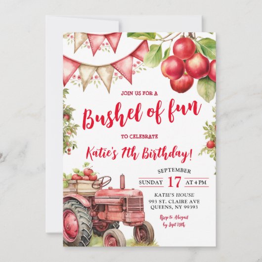 Bushel of Fun Apple Kindergeburtstag Einladung (Vorderseite)