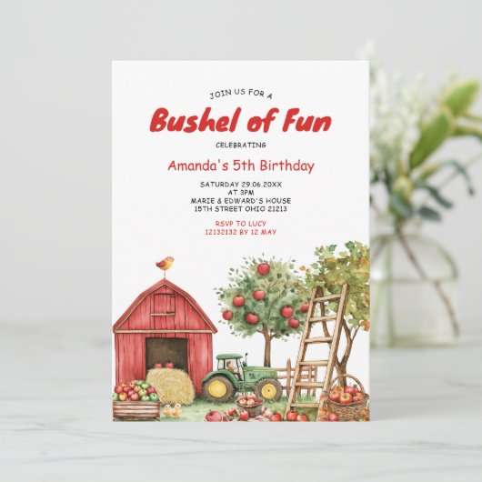 Bushel of Fun Birthday Girl Red Gingham Party Einladung (Stehend Vorderseite)