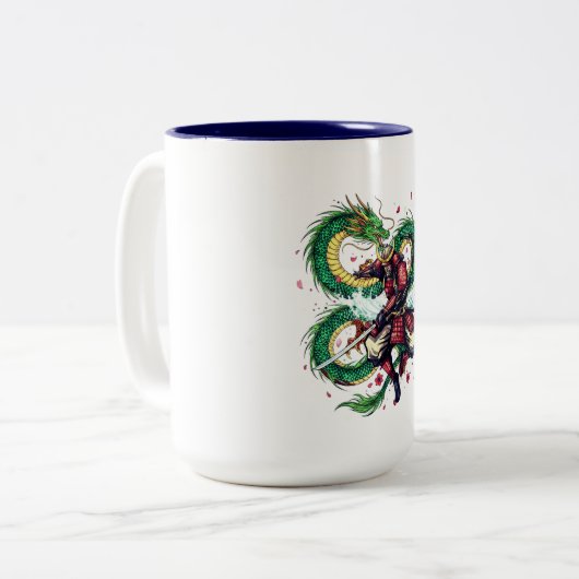 Bushido Code Samurai with Dragon & Sakura Blossoms Zweifarbige Tasse (Vorderseite Links)
