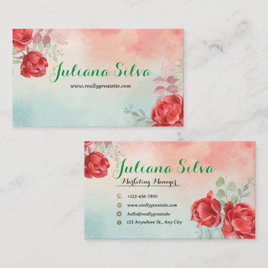 Business Card Blue and Red Floral Company Begleitkarte (Vorne/Hinten)
