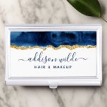 Business Card-Fall für Navy Blue and Gold Visitenkarten Dose<br><div class="desc">Navy Blue und Gold Watercolor Business Card Case. Elegante Navy Blue und Gold geometrische handgeschriebene Stil Kalligraphie Drehbuch beruflich Business Design. Perfekt für Make-ups,  Haarstylisten,  Kosmetologen und mehr!</div>