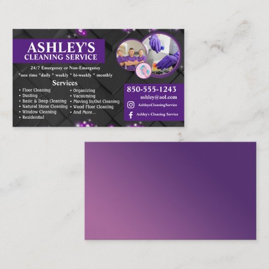 Business Card für lila und schwarze Reinigung Visitenkarte (Vorne/Hinten)