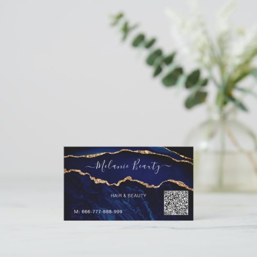 Business Card mit QR-Code für die blaue Gold-Marmo Visitenkarte (Stehend Vorderseite)