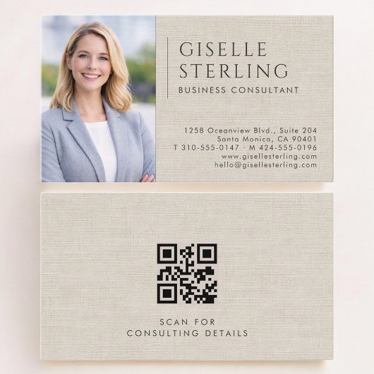 Business Consultant Linen Photo QR Code Visitenkarte