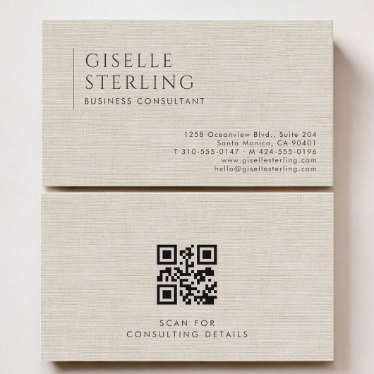 Business Consultant Luxury Neutral Linen QR Code Visitenkarte