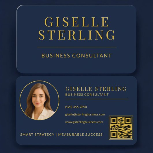 Business Consultant Navy Blue Gold Photo QR Code Visitenkarte