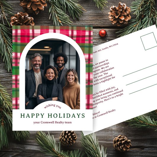 Business Corporate Holiday Plaid CUSTOM Arch PHOTO Postkarte