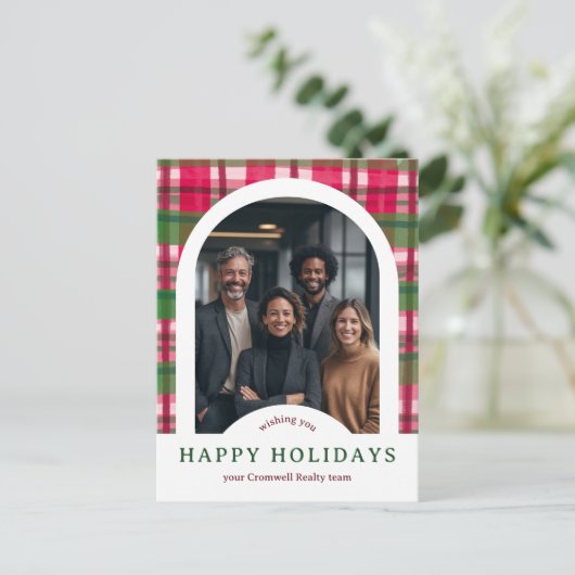 Business Corporate Holiday Plaid CUSTOM Arch PHOTO Postkarte (Stehend Vorderseite)