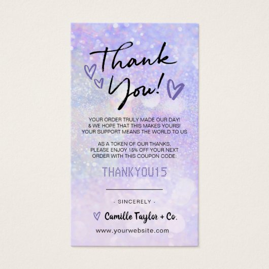 Business Dankeschön Discount Card Glitzer Bokeh (Vorderseite)