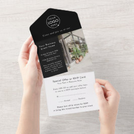 Business Event | Schwarzes modernes Minimalistisch All In One Einladung