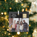 Business Foto Logo Schwarz Weihnachten Ornament Aus Glas<br><div class="desc">Klassische Hintergrundfarbe,  weißer Text. Text: Frohe Weihnachten. Personalisieren und hinzufügen Sie Ihr Firmenlogo,  Foto und ein Jahr.</div>