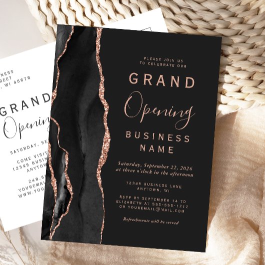 Business Grand Opening Black Rose Gold Agate Dark Postkarte