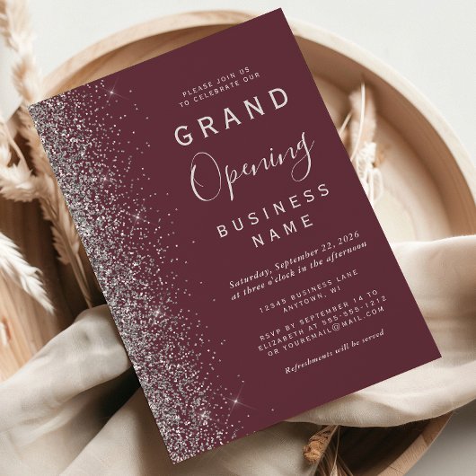 Business Grand Opening Burgundy Silver Glitzer Einladung