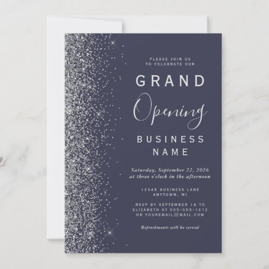 Business Grand Opening Dark Blue Silver Glitzer Einladung (Vorderseite)