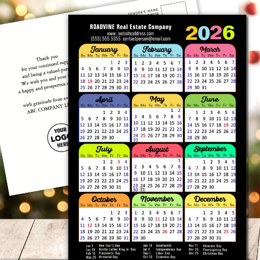 Business-Logo 2025 Kalender Modern Black Colorful Feiertagspostkarte